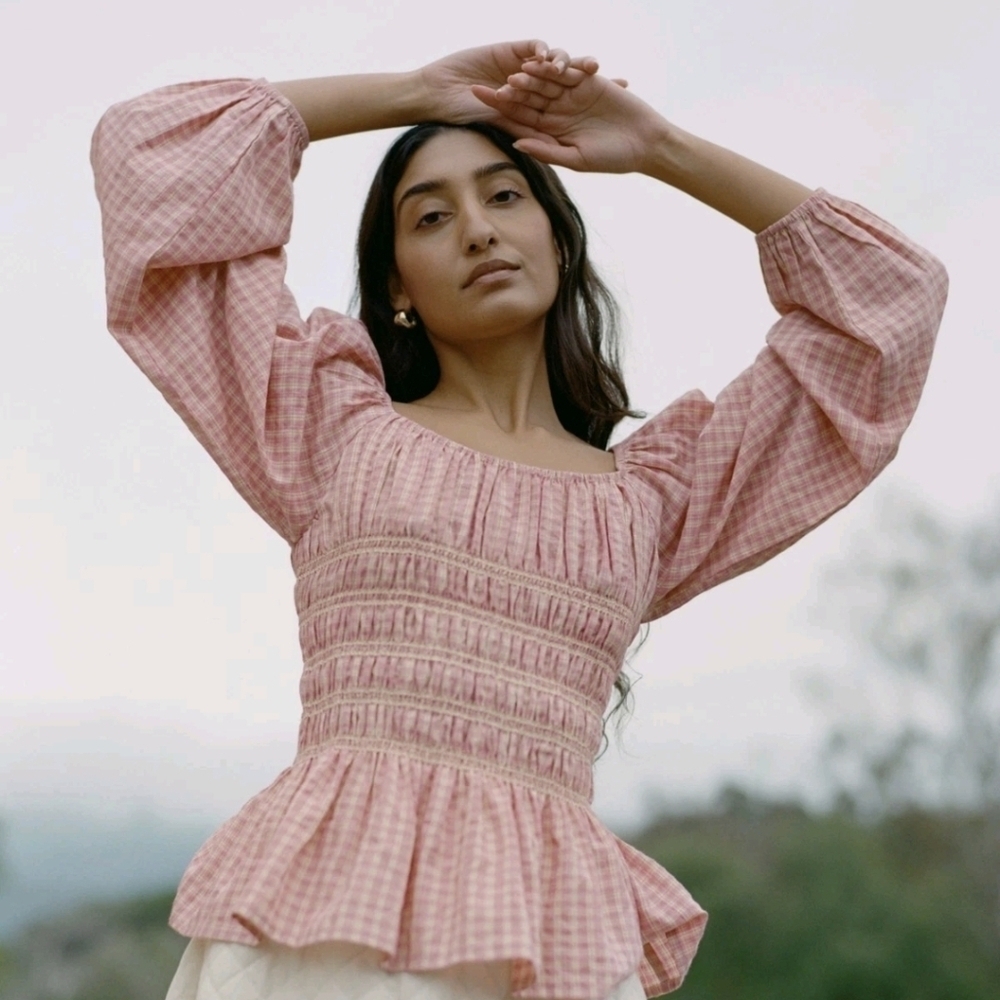 Loeffler Randall Pink Gingham Smocked Peplum Blouse | Size Medium (M)